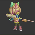 3D Modeled Cartoon Character With Blue Hair And Creature Headpiece Holding Green White Weapon