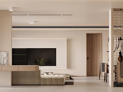 Modern Living and Dining Room Interior With TV Wall Wooden Elements And Green Plant 3d model