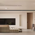 Modern Living and Dining Room Interior With TV Wall Wooden Elements And Green Plant