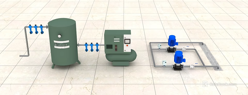 Industrial Equipment Setup With Air Compressor Storage Tank Blue Pump And Piping System 3d model 