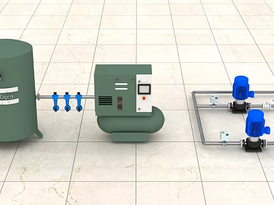 Industrial Equipment Setup With Air Compressor Storage Tank Blue Pump And Piping System 3d model