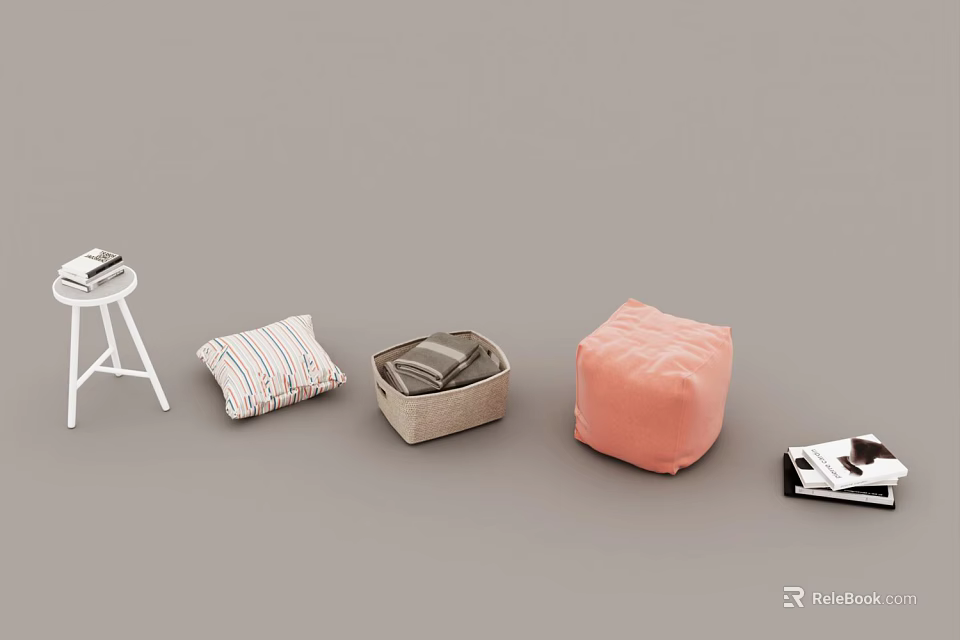 Stylish Pink Ottoman With Striped Pillow Storage Box Stool And Magazine 3d model 