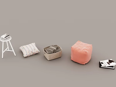 Stylish Pink Ottoman With Striped Pillow Storage Box Stool And Magazine 3d model