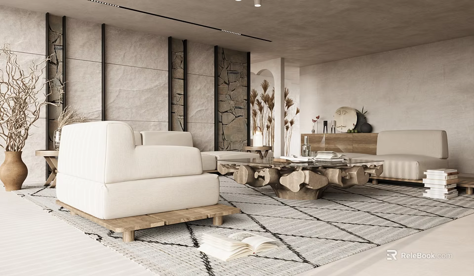 Modern Living Room Interior With White Sofa Wooden Coffee Table Geometric Rug And Stone Wall Decor 3d model 
