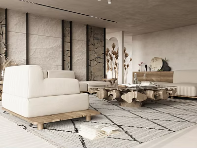 Modern Living Room Interior With White Sofa Wooden Coffee Table Geometric Rug And Stone Wall Decor 3d model
