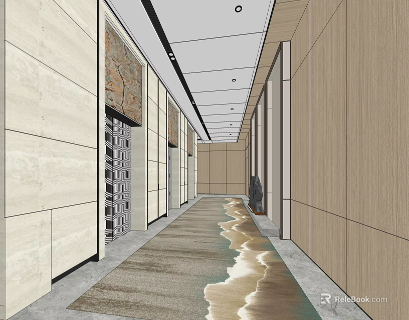 Modern Elevator Hallway Interior With Stone Walls Carpet And Ceiling Lights 3d model