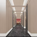 Elegant Hotel Corridor With Wooden Walls Recessed Ceiling Lights And Marble Flooring