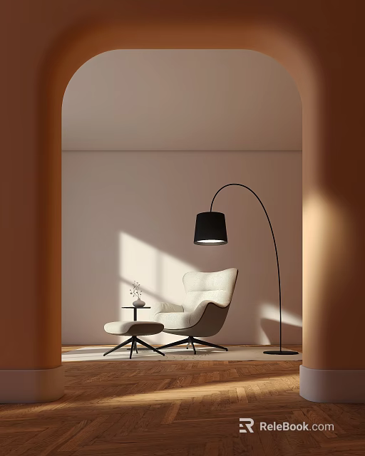 Cozy Living Room With Arched Doorway Beige Armchair Black Floor Lamp And Sunlight Shadows 3d model 