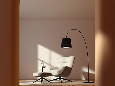 Cozy Living Room With Arched Doorway Beige Armchair Black Floor Lamp And Sunlight Shadows 3d model
