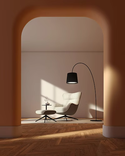 Cozy Living Room With Arched Doorway Beige Armchair Black Floor Lamp And Sunlight Shadows 3d model