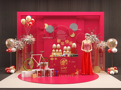 Elegant Red Theme Birthday Decoration With Balloons Cake Tower And Gift Boxes 3d model