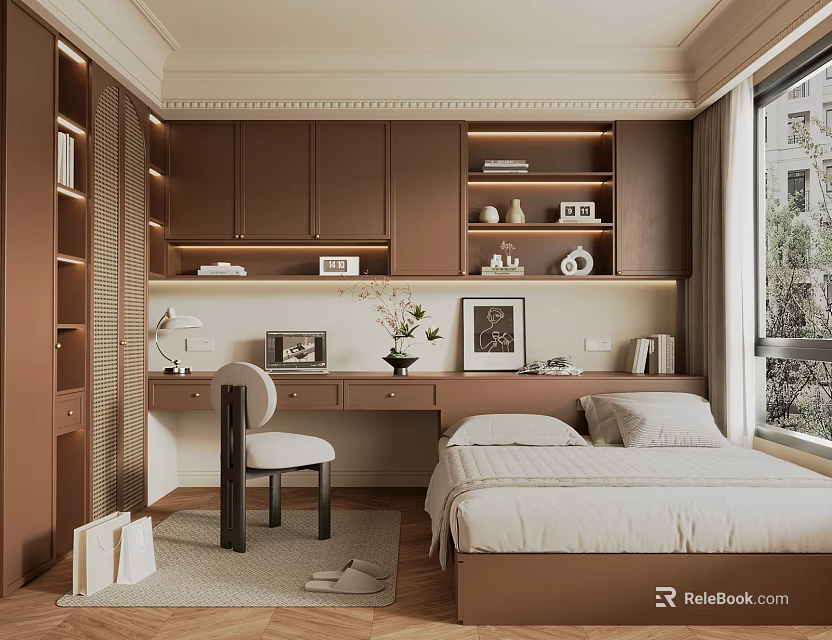 Modern Tatami Bedroom Interior Design With Tatami Bed Desk Chair And Bookshelf 3d model 