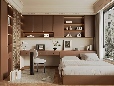 Modern Tatami Bedroom Interior Design With Tatami Bed Desk Chair And Bookshelf 3d model
