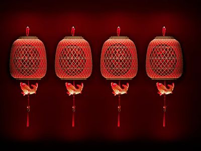 Traditional Red Chinese Lanterns With Intricate Lattice Design And Tassel Decorations 3d model