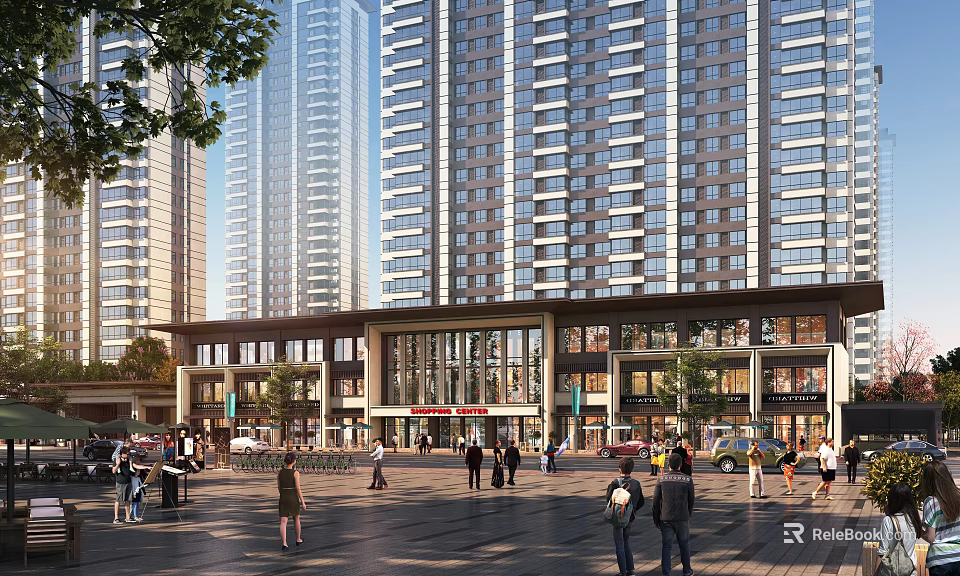 Bustling Commercial Street With High Rise Buildings Storefronts And Pedestrians In Plaza 3d model 