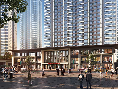 Bustling Commercial Street With High Rise Buildings Storefronts And Pedestrians In Plaza 3d model