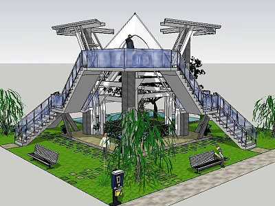Modern Roadside Facility Featuring Observation Deck Staircases Glass Railings Lawn Benches And Trees 3d model