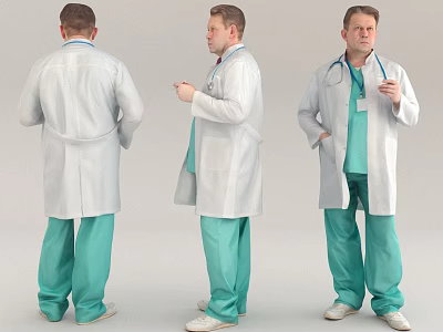 Full Length Portrait of Male Doctor in White Coat Green Scrubs with Stethoscope 3d model