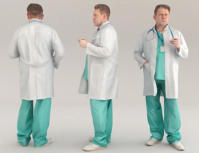 Full Length Portrait of Male Doctor in White Coat Green Scrubs with Stethoscope 3d model