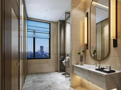 Modern Public Restroom With Marble Countertop Large Mirror Wall Lighting And City View Window 3d model