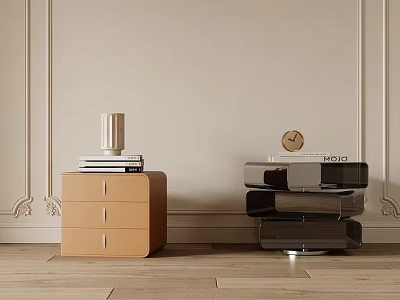 Modern Brown and Black Bedside Tables With Drawers Books Clock Decor Items 3d model