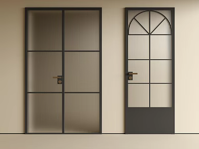 Modern Hinged Door Design With Black Metal Frame Frosted Glass And Arch Top Panels 3d model