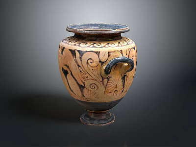 Brown And Black Pottery Vase With Ornate Swirl Patterns And Curved Handle 3d model