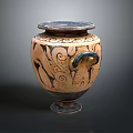 Brown And Black Pottery Vase With Ornate Swirl Patterns And Curved Handle