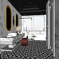 Elegant Modern Bathroom Interior Design With Marble Countertops Double Round Mirrors Bathtub And Red Stool