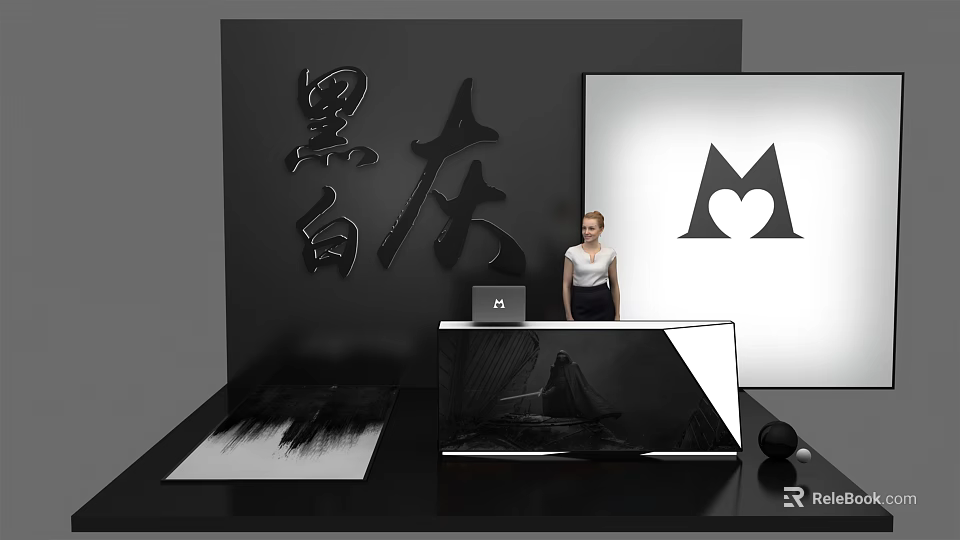 Modern Black Gray Reception Desk With Standing Person And Decorative Artwork 3d model 