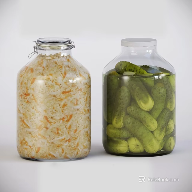 Homemade Glass Jars Filled With Pickled Sauerkraut And Green Cucumber Vegetables 3d model 
