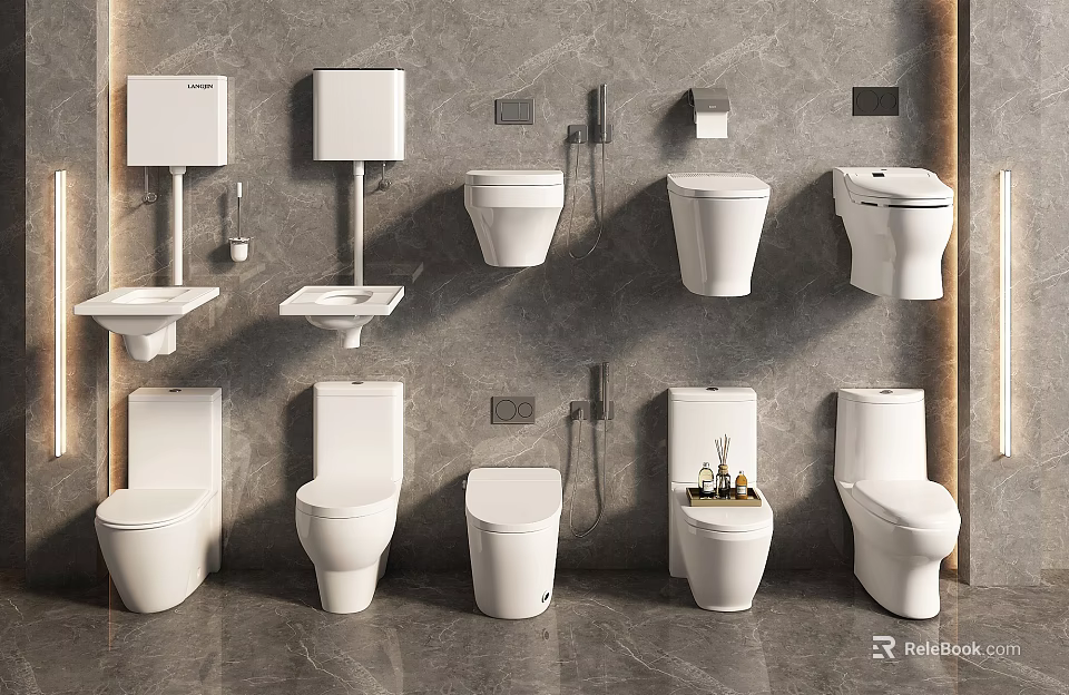 Modern Toilet Display With Various Styles Wall Mounted Floor Standing And Water Tanks 3d model 