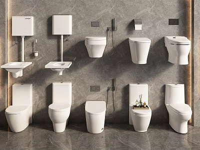 Modern Toilet Display With Various Styles Wall Mounted Floor Standing And Water Tanks 3d model