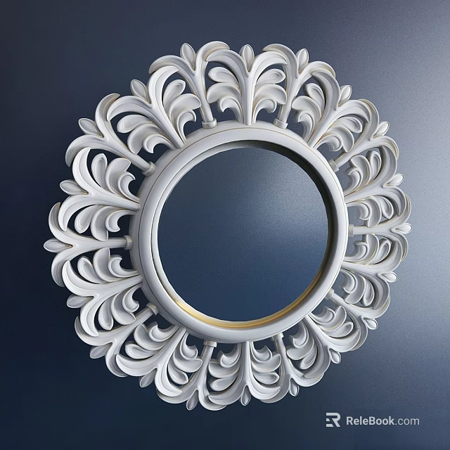 Round Decorative Mirror With White Ornate Carved Frame On Dark Blue Wall 3d model 