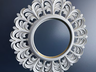 Round Decorative Mirror With White Ornate Carved Frame On Dark Blue Wall 3d model