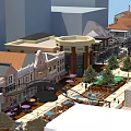 Bustling Commercial Street With Colorful Shop Buildings Pedestrian Area Central Fountain And Trees