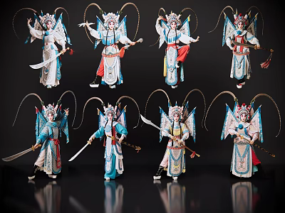 Traditional Peking Opera Woman In Colorful Costume With Intricate Headdress And Multiple Poses 3d model