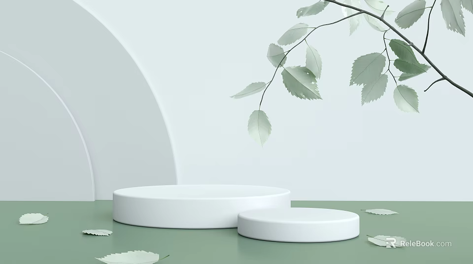 White Round Display Shelves on Green Floor with White Curved Wall and Green Leaves 3d model 