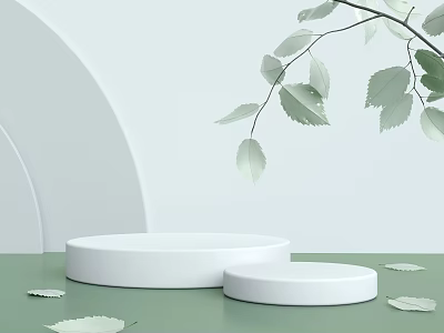 White Round Display Shelves on Green Floor with White Curved Wall and Green Leaves 3d model