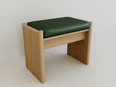 Modern Oak Wooden Stool With Green Padded Seat And Simple Design 3d model