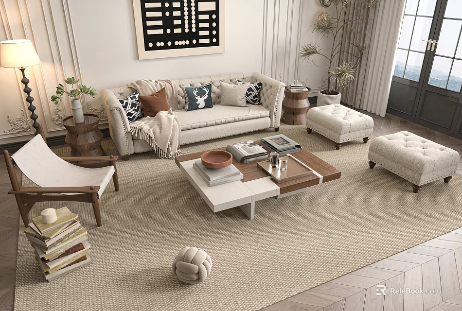 Modern Cozy Sofa And Coffee Table Set With Throw Pillows Ottomans And Decorative Wall Art 3d model 
