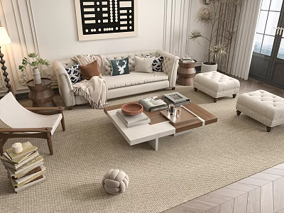 Modern Cozy Sofa And Coffee Table Set With Throw Pillows Ottomans And Decorative Wall Art 3d model