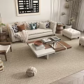 Modern Cozy Sofa And Coffee Table Set With Throw Pillows Ottomans And Decorative Wall Art