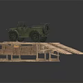 Modern Scene With Vintage Green Car On Wooden Platform And Ramp