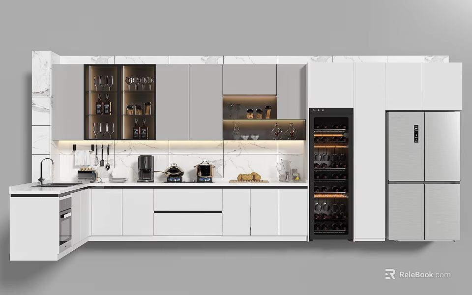 Elegant Modern Kitchen Interior With White Cabinets Marble Countertops And Kitchenware Appliances 3d model 