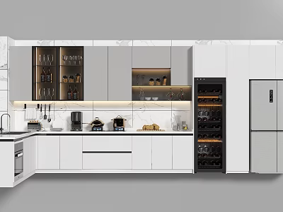 Elegant Modern Kitchen Interior With White Cabinets Marble Countertops And Kitchenware Appliances 3d model