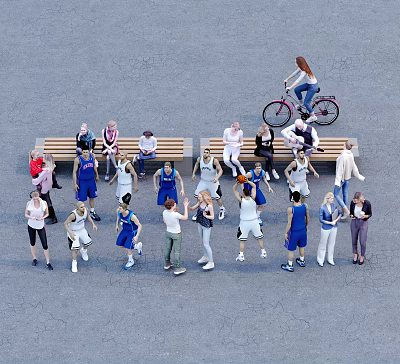 Group of People in Outdoor Space Sitting on Benches Standing and Socializing with Bicycle 3d model