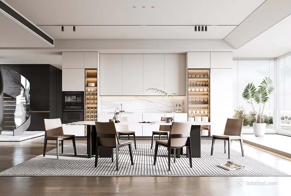 Stylish Restaurant Dining Area With White Cabinets Wooden Tables And Indoor Plants 3d model 