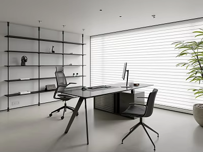 Modern Office Interior With White Blinds Black Shelves Desk Chairs And Green Plant 3d model