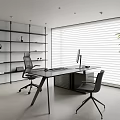 Modern Office Interior With White Blinds Black Shelves Desk Chairs And Green Plant